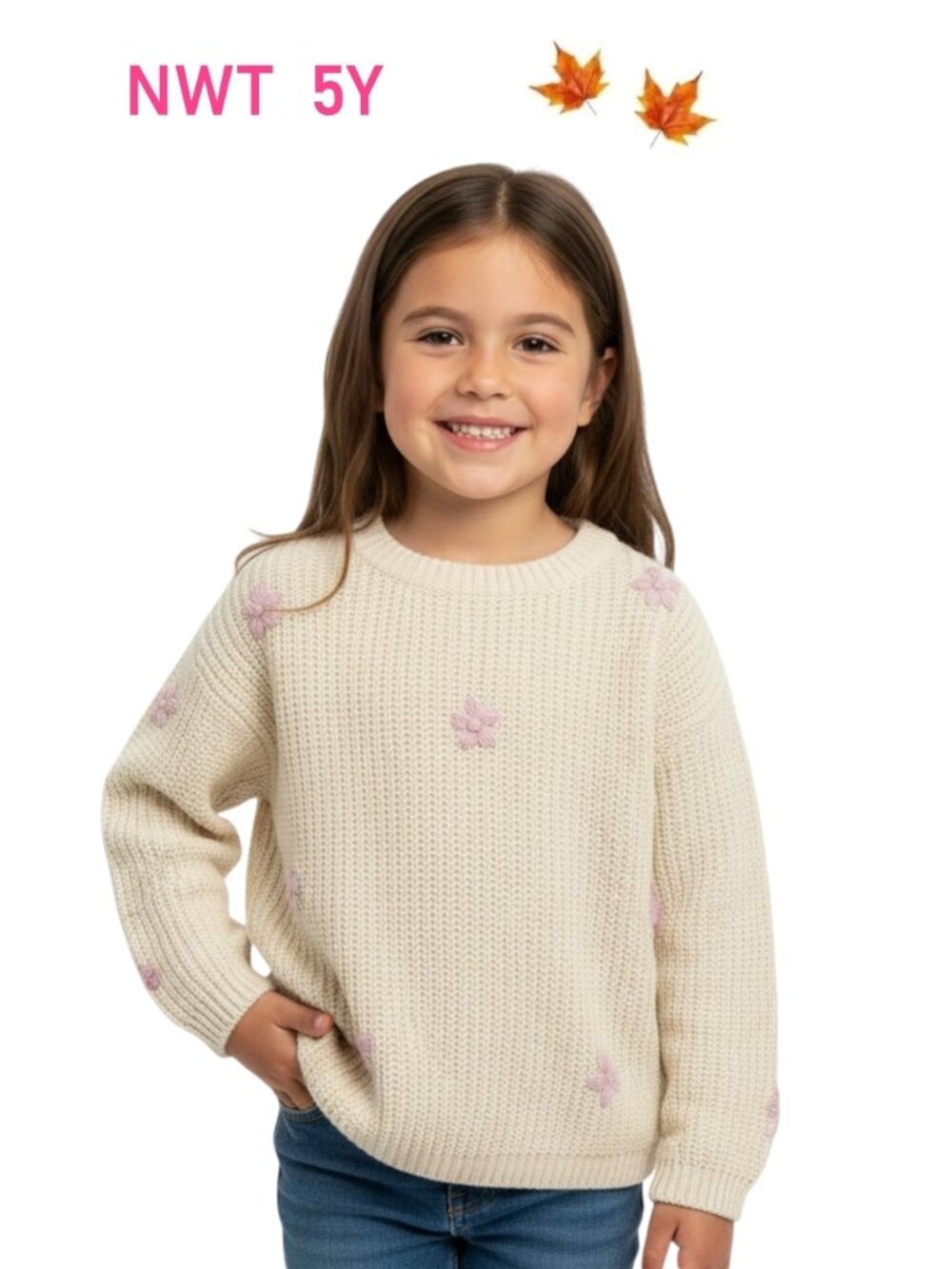 Vignette Cream Sweater with Embroidered Pink Flowers Fall Winter Cozy - Size 5Y
